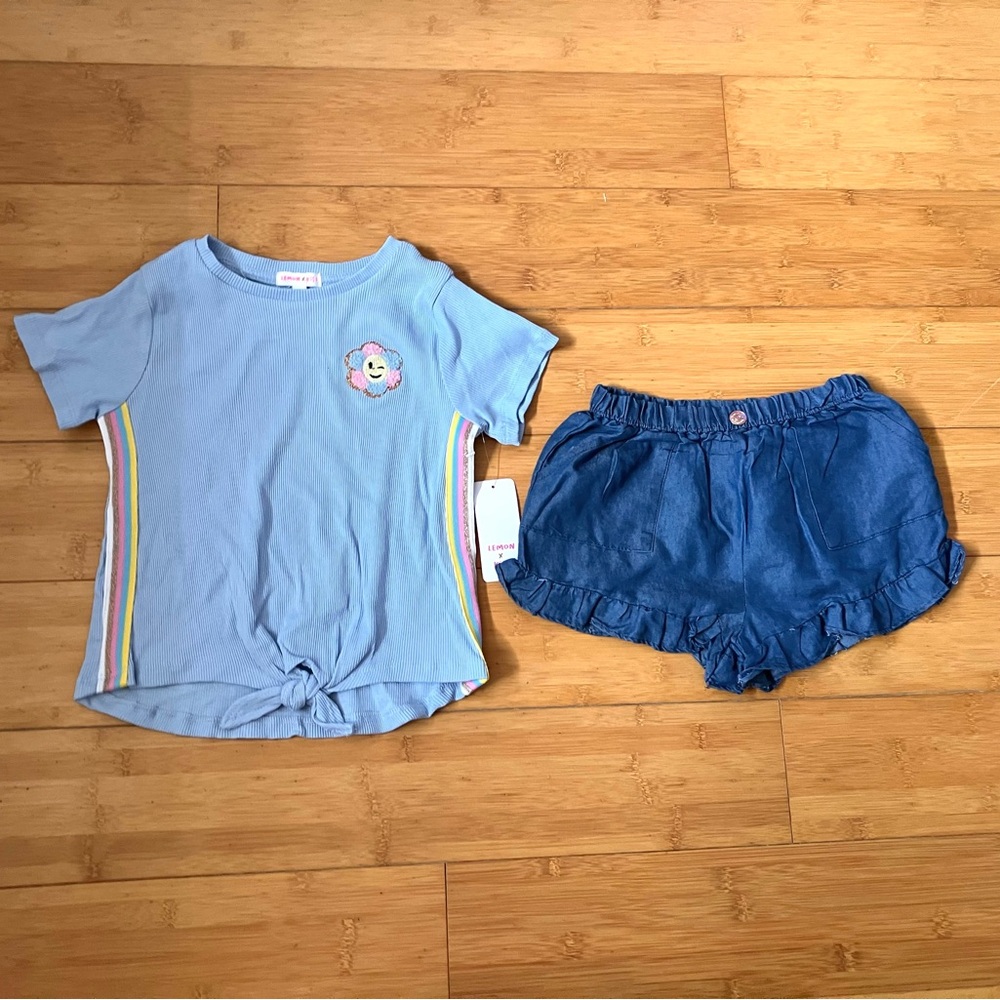NWT Girls Size 6X Outfit - Striped Side Knot Front Top Shirt & Ruffle Hem Shorts
